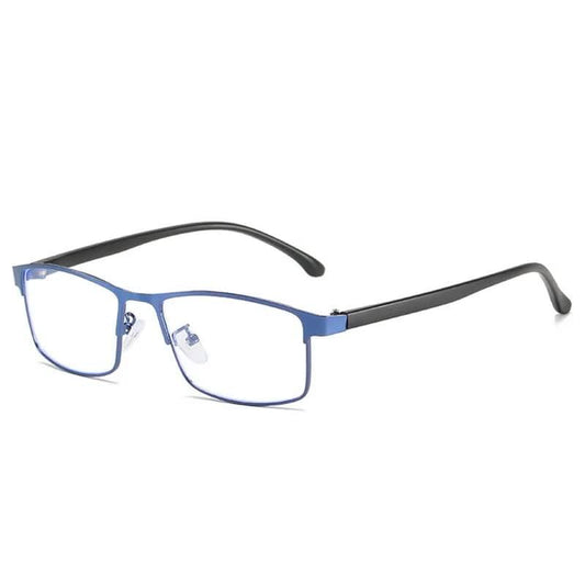 Square metal eyeglasses with blue frame and clear lenses, front view