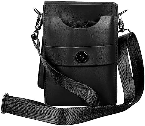 Black leather scissor tool bag with front flap and adjustable shoulder strap