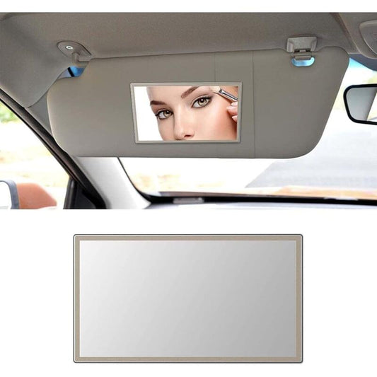 Car sun visor vanity mirror, rectangular mirror panel mounted in vehicle ceiling