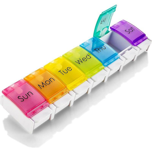 Weekly pill organizer with seven translucent day lids in pink, orange, yellow, green, blue