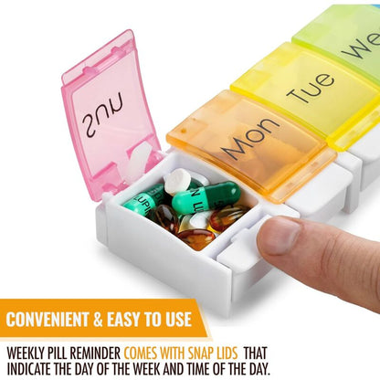 Weekly Pill Organizer - Travel Medicine Box With Push Button Large Compartments, Organizer For Tablets Vitamins &