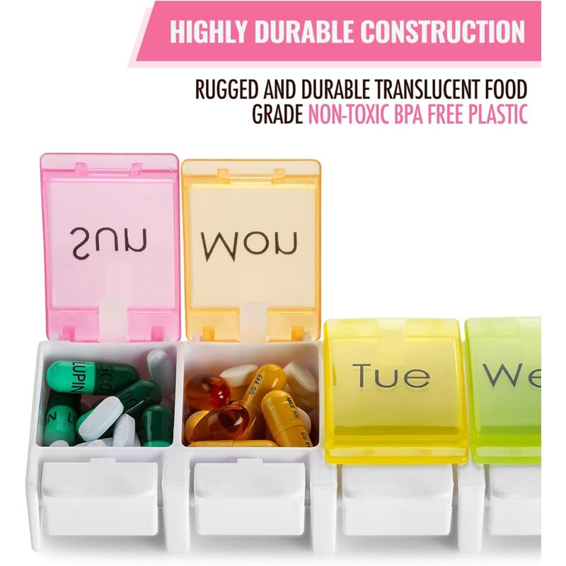 Weekly Pill Organizer - Travel Medicine Box With Push Button Large Compartments, Organizer For Tablets Vitamins &