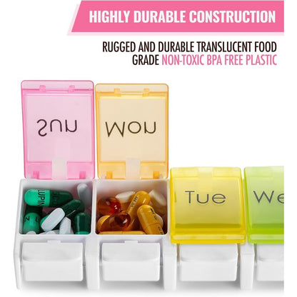 Weekly Pill Organizer - Travel Medicine Box With Push Button Large Compartments, Organizer For Tablets Vitamins &