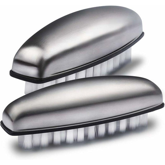 Stainless steel nail brush with hard white bristles in curved holder
