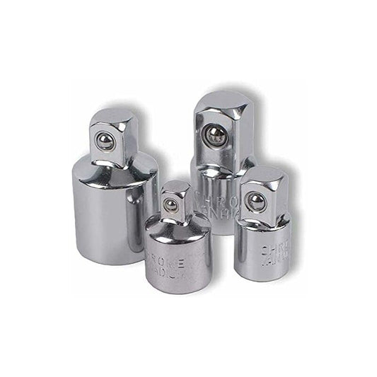 Chrome ratchet socket adapter set with three drive-size reducers and ratchet head