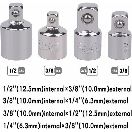 Chrome socket adapter set of four reducers with visible size markings on heads