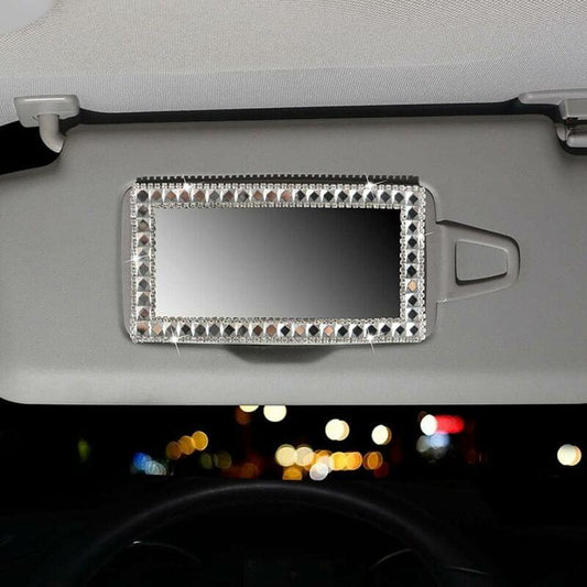 Rectangular rhinestone car vanity mirror with chrome frame on visor