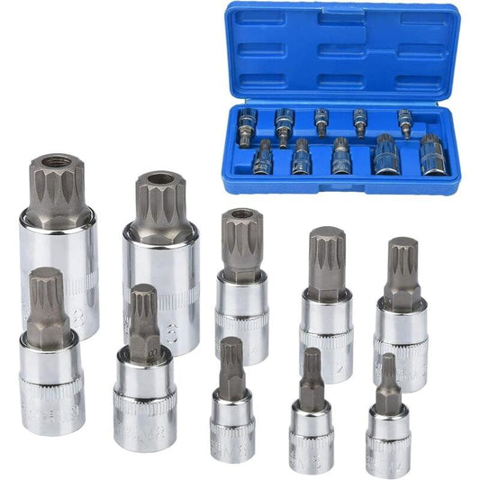 Torx spline socket bits set, silver metal sockets with internal spline tips