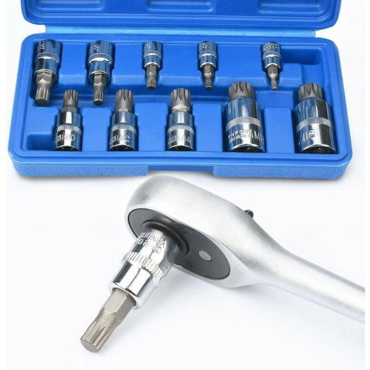 Torx spline sockets in blue storage case with drive handle bit