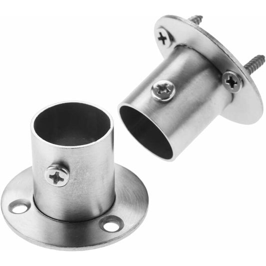 Stainless steel closet rod flange bracket with base plate, screws, and mounting holes