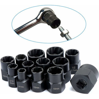 13 pcs Twist Socket Set, 9.5Mm DAmaged Bolt Extractor, Handle Nut Extractor Socket Sets For Locking Wheel Nut Removal