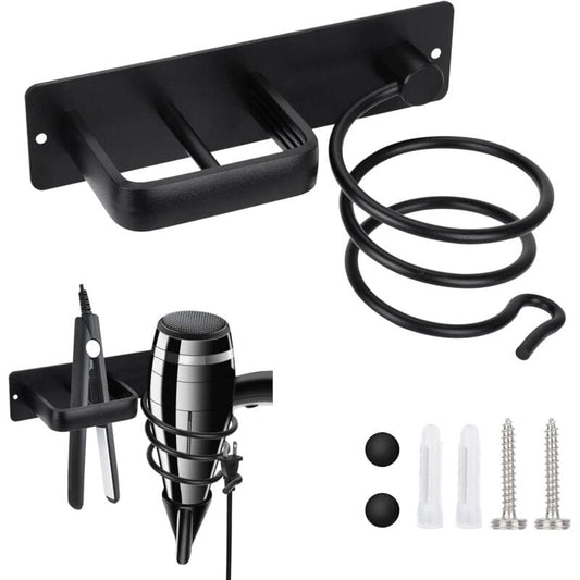Black wall-mounted hair dryer and straightener holder with cable management and screws