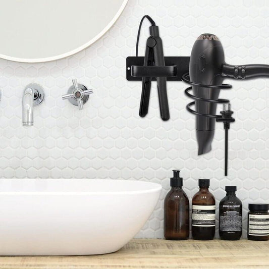 Black wall-mounted hair dryer stand with cable holder and included mounting hardware