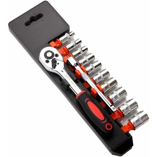 Ratchet wrench and socket set in black storage case with orange accents and multiple sockets
