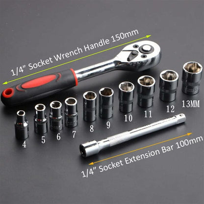 12 Piece 6.35Mm Ratchet Wrench Set, Mechanics Tool Kit & Sockets With Quick Release Reversible Ratchet Handle &