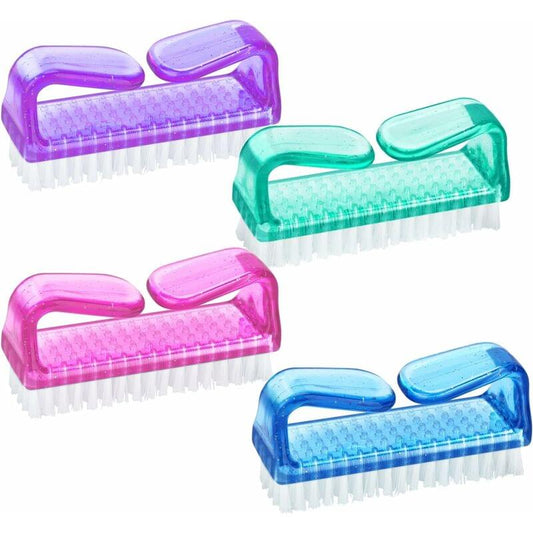 4 plastic nail brushes with pastel handles and white soft bristles