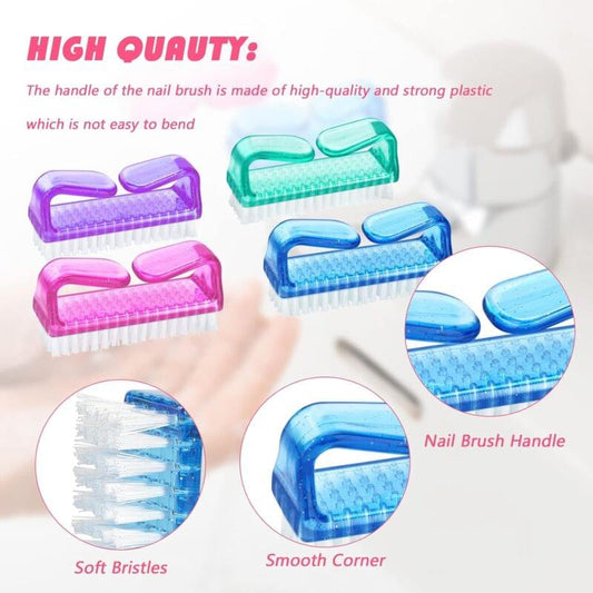 4-pack plastic nail cleaning brushes with colored handles and soft bristles
