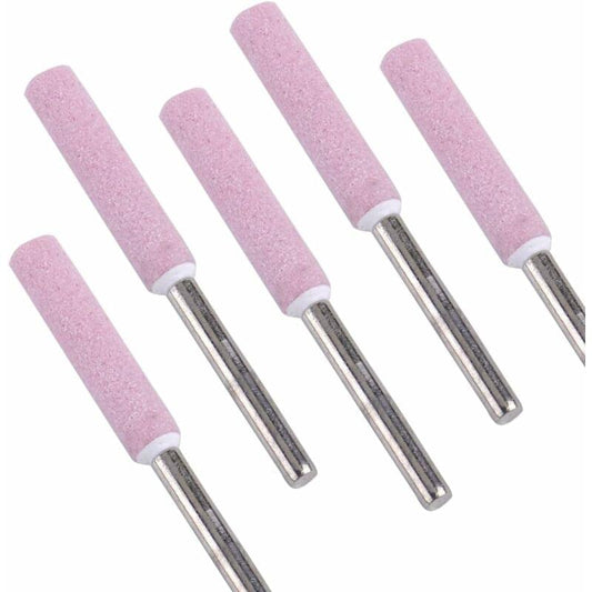 Set of five chainsaw sharpening grinding stones with pink foam heads and metal shanks
