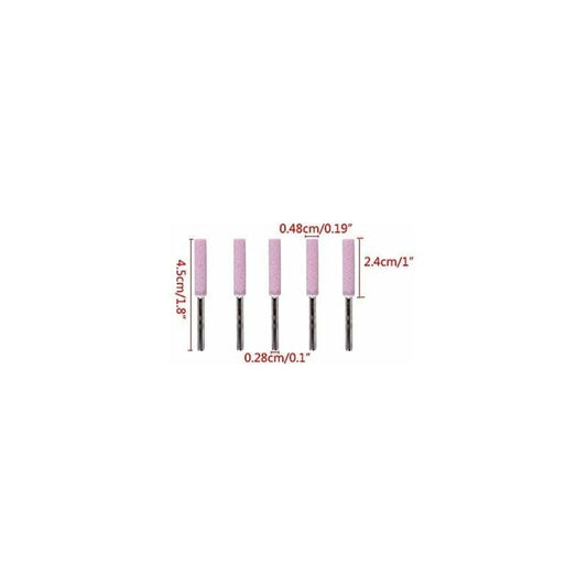 Five chainsaw sharpening grinding stones with pink foam heads and metal shafts with size markings