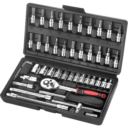 Chrome socket set with drive adapters and bits in a black plastic case