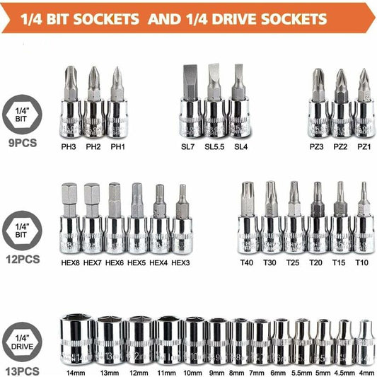 Assorted 1/4 in drive and bit sockets in chrome, shown by size groups