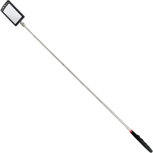 Telescopic LED mirror with rectangular black frame and long silver handle, black grip