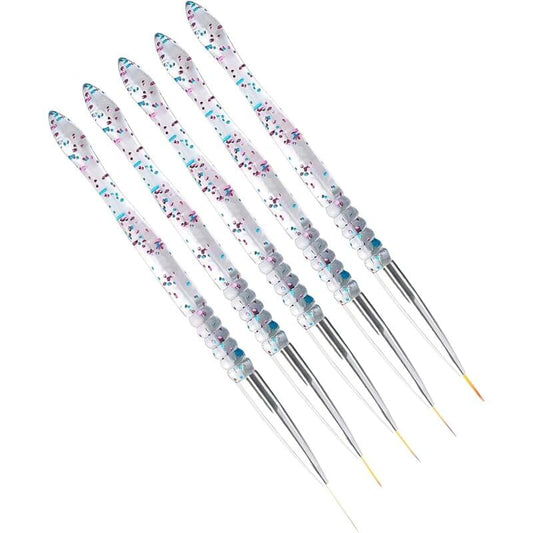 Five nail art liner brushes with gold tips, speckled clear handle cylinders