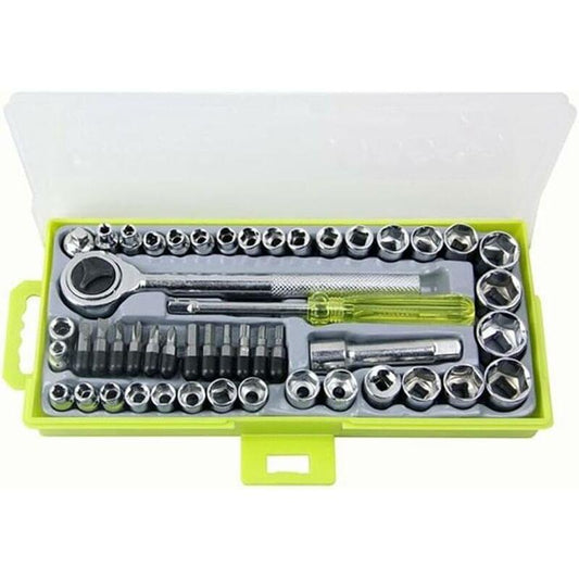 Socket wrench set in green case with reversible ratchet, sockets, and hex bit sockets