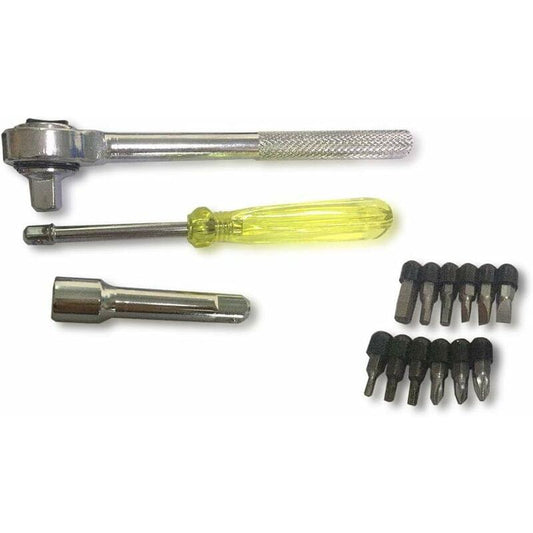 Wrench set tools: ratchet handle, transparent screwdriver handle, hex bits, socket pieces