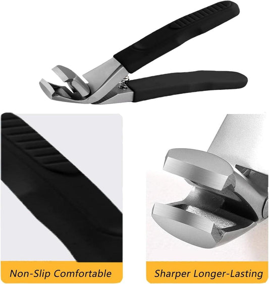 Toenail clipper showing black handle and stainless-steel cutting jaw