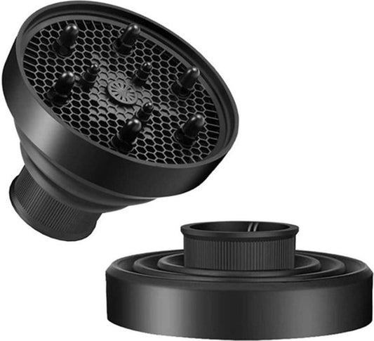 Hair dryer diffuser nozzle with black silicone outer and mesh face for curling airflow