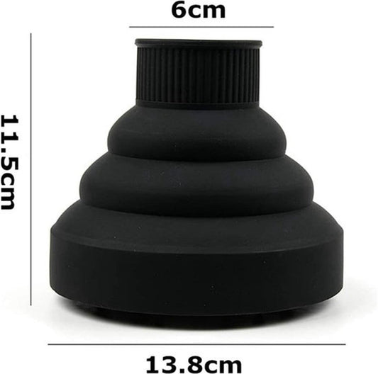 Black silicone hair dryer diffuser nozzle, stacked cone shape with ridged rim