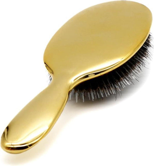 Gold boar bristle hairbrush with oval head and dark bristles