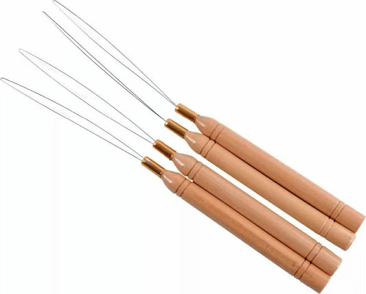 Hair microring threading needle set with light wood handles and thin wire loops