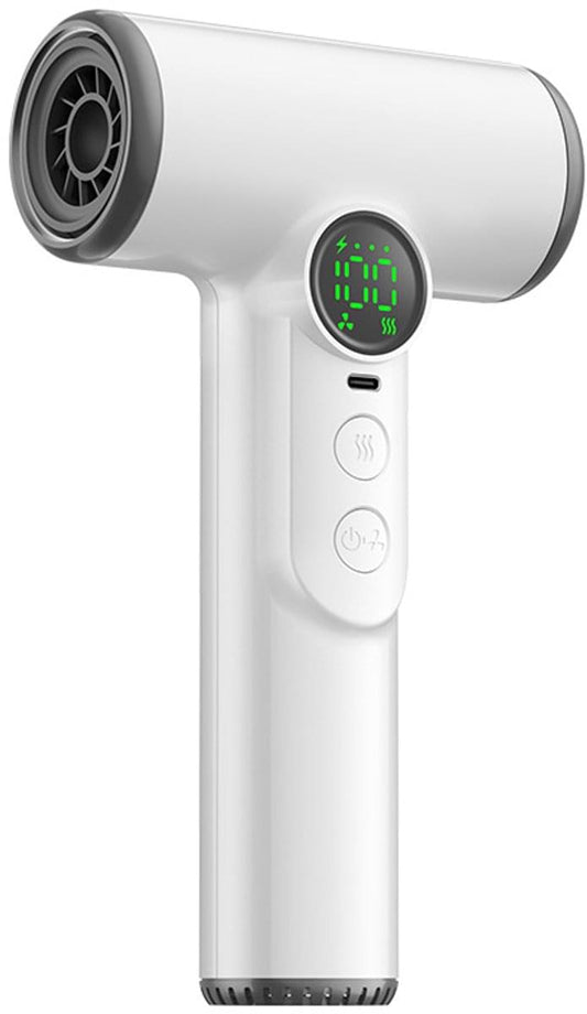 White cordless hair dryer with dark nozzle and green digital display