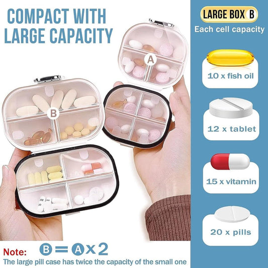White pill organizer set with open hinged lids showing divided compartments.