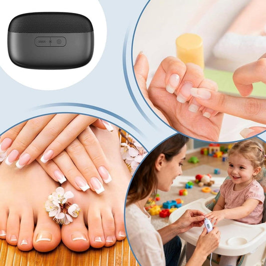 Hands using a black electric nail clipper for fingernail grooming