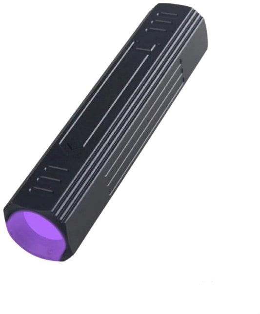 Black UV flashlight with purple light at the front lens