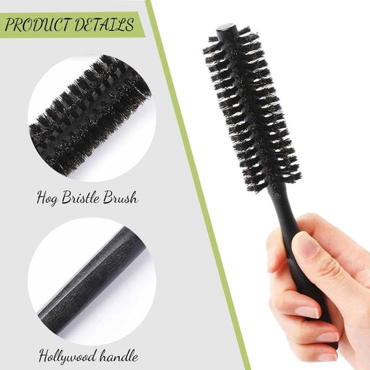 Black round hog bristle hair brush, close-up of bristle head and handle