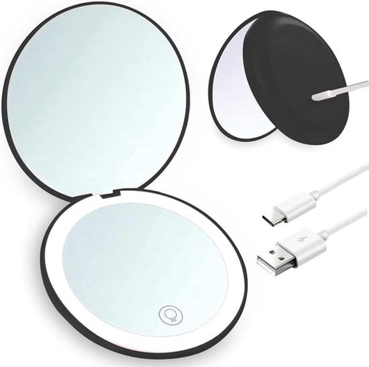 Black double-sided compact LED makeup mirror, open with illuminated circular surfaces