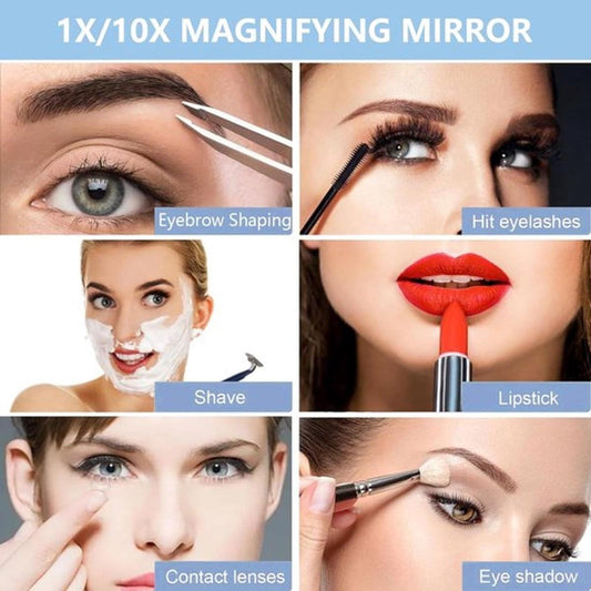 Black LED compact mirror shown in makeup application closeups