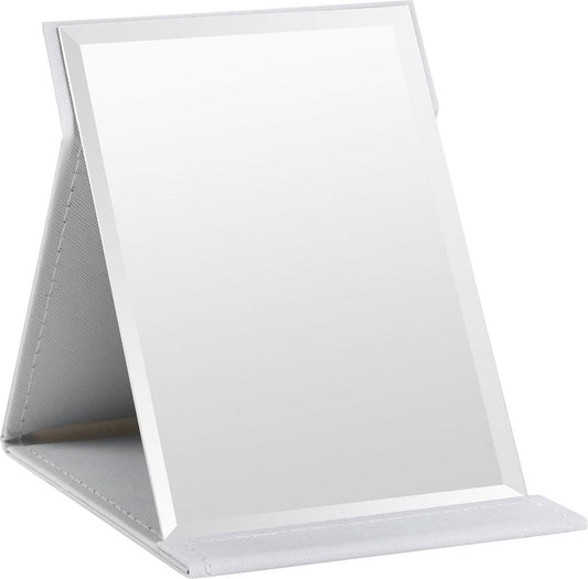 Folding tabletop makeup mirror with stand, white PU leather cover, angled reflective panel