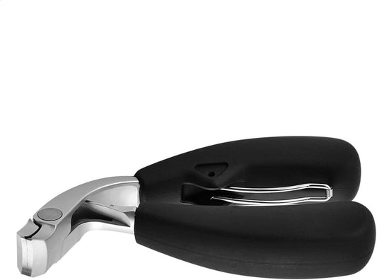 Angled stainless nail clipper with black non-slip handle, wide opening