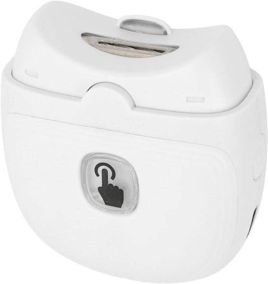 White electric nail clipper with front cutting opening and indicator window
