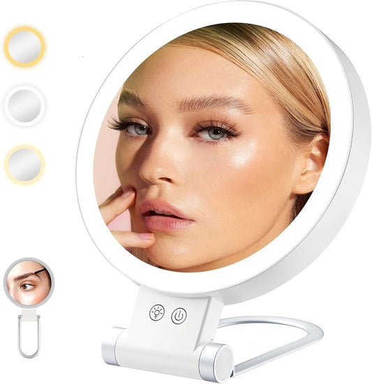 Lighted makeup mirror with round white frame and circular LED ring on desktop stand