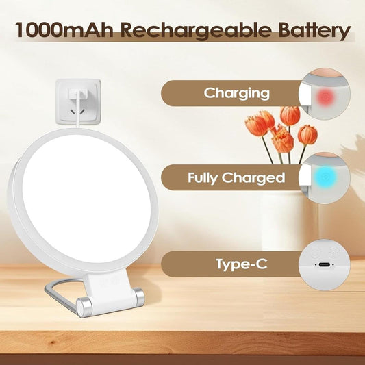 Lighted makeup mirror with round LED ring on stand, showing side Type-C charging port