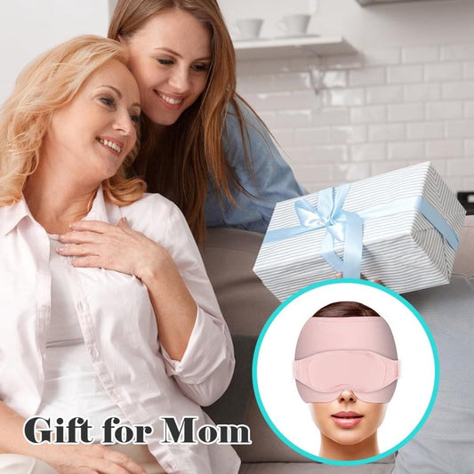 Pink eye mask with contoured coverage and nose cutout, shown in inset