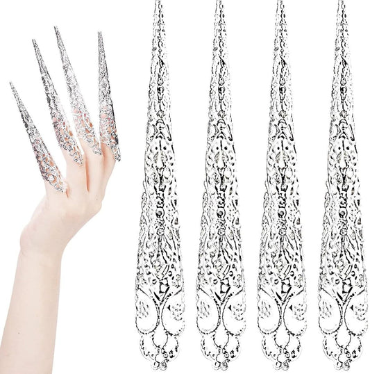 Silver glitter false nail tips, pointed stiletto nails with cutout detail
