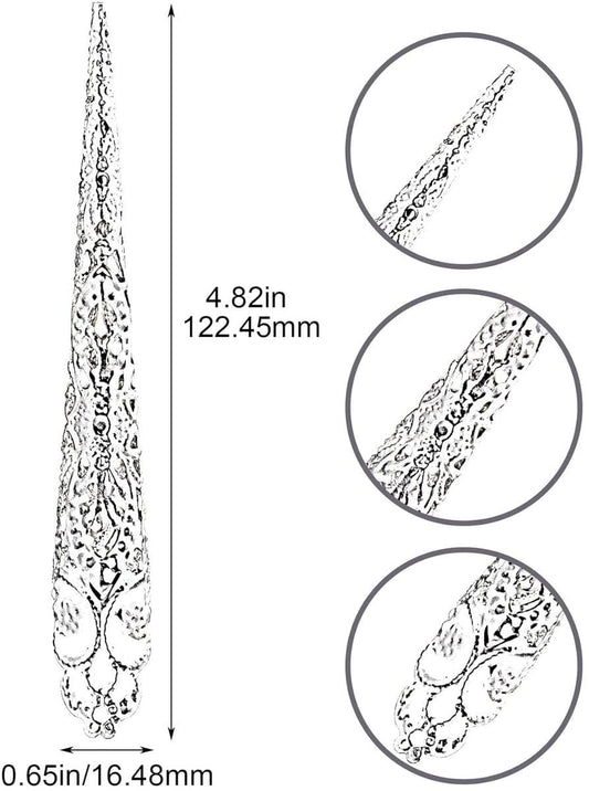 Silver glitter false nails, pointed stiletto tips shown in close-up circles