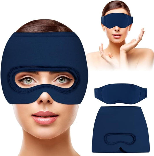 Blue eye mask with padded eye openings and central nose cutout